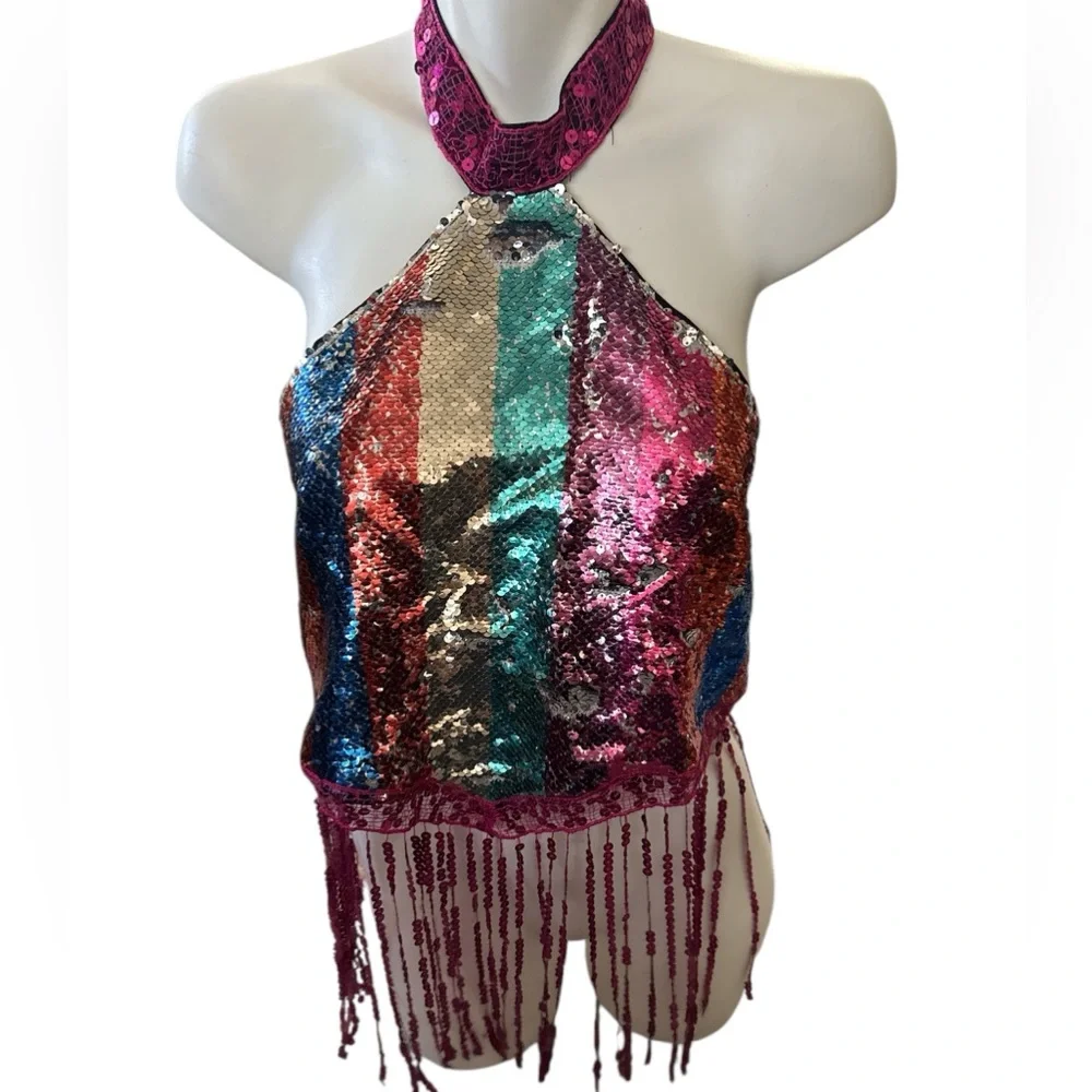 Hot & Delicious Fuchsia Sequin Halter Top - Picture 2 of 4